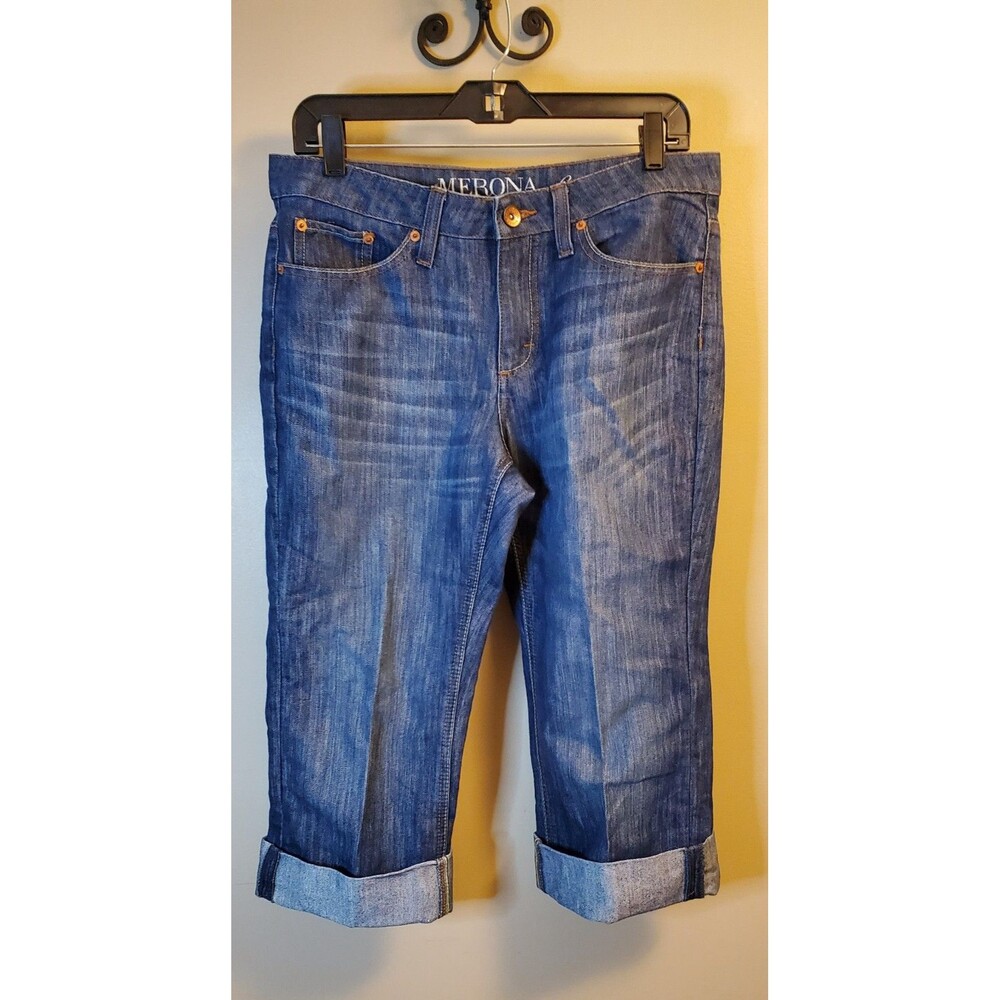 Merona Women’s Crop Jeans Size 8R Blue Denim Cuffed Mid Rise Stretch